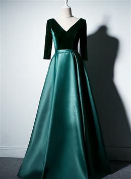 Picture of Pretty Satin and Velvet Short Sleeves Prom Dresses, A-line Green Party Dresses